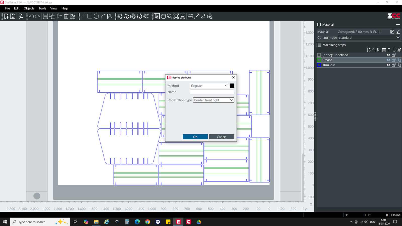 Select the lines to be creased. Right Click > Change Method > Crease. The lines that are to be folded are assigned a crease. There are also two types of creasing based on the folding direction. One has to fold towards the side where the crease is made on the cardboard. These appear as green lines. I only needed folding in one direction. Right Click > Change Method > Register > Registration Type: Border ; Front Right.